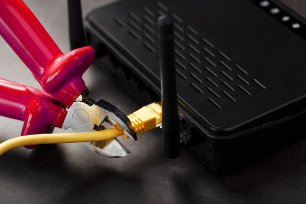 Disconnecting the Internet connection, cutting off the yellow Ethernet cable with wire cutters with a red handle on the Wi-Fi router.