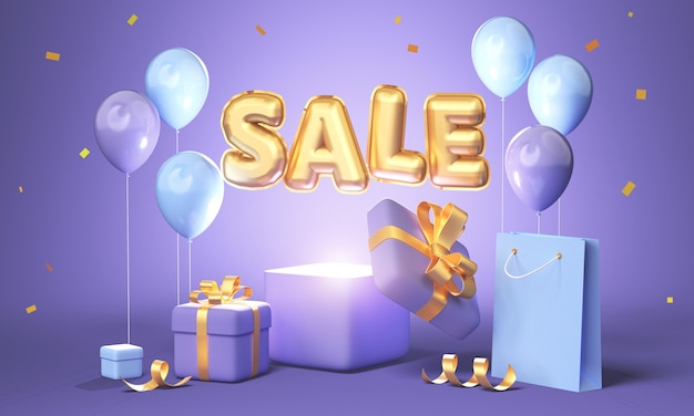 Design di banner di sconto con frase di palloncino di vendita dorata su sfondo viola con confezione regalo