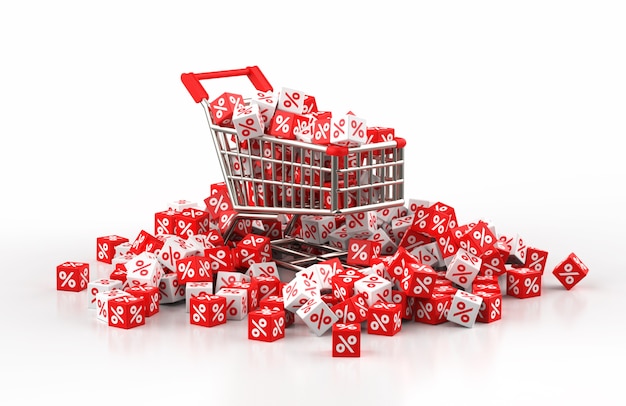 Discount sale concept with trolley and a pile of red and white cube with percent in 3d illustration