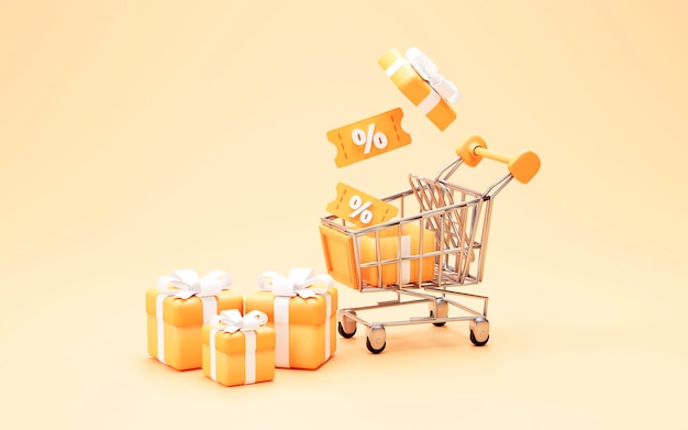 Discount voucher in gift box on Shopping cart shopping concept on orange background 3d rendering