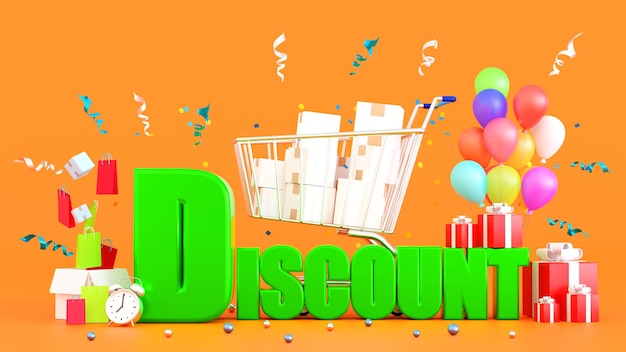 Discount with gift boxes shopping cart or bag template for campaign promote on websites 3D rendering