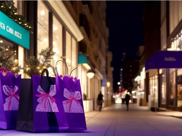 Discounts sale banner with paper shopping bags against fashion bokeh background