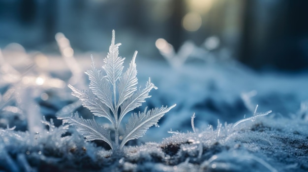 冬の自然の美しさを発見 森の中の凍ったシダのような植物のクローズアップ
