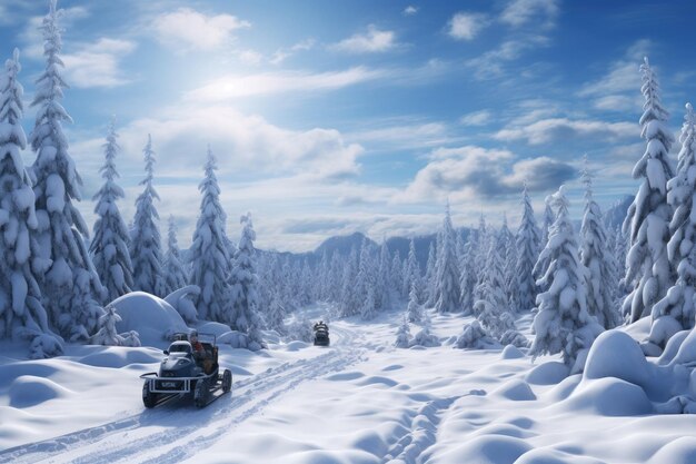겨울 자연 의 아름다움 을 발견 하십시오. 눈 인 숲 에서 스노우 모빌 여행 을 즐기십시오.