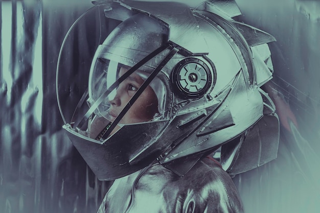 Discover, Boy playing to be an astronaut with space helmet and metal suit over silver background