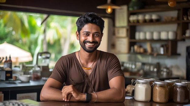 Discover coffee shop charm in this candid shot of an indian barista smiling at the camera