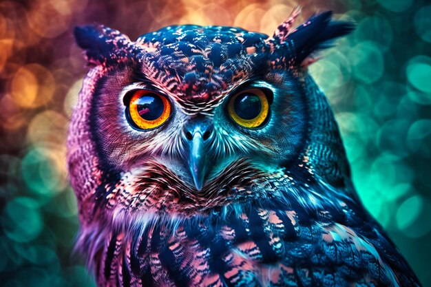 Discover an enchanting owl portrait that blends vivid colors with intricate feather patterns through double exposure