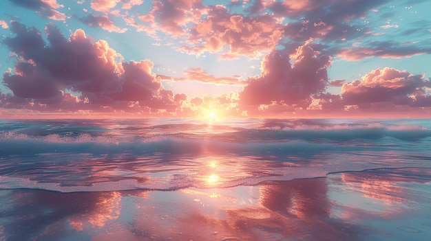 Photo discover the incredible beauty of a beach landscape at sunset or sunrise adorned with a beautiful pink sky and the reflection of the sun on the water this scene sets the tone for an unforgettable