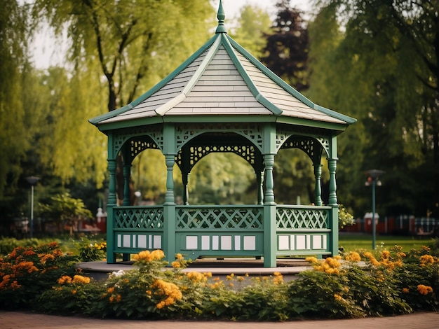 Discover the inviting green gazebo within a beautiful house AI Generation