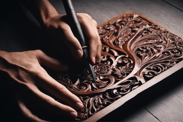 Scopri la perfetta combinazione di passato e presente in una creazione artigianale di artigianato storico su sontuoso legno scuro generato dall'intelligenza artificiale