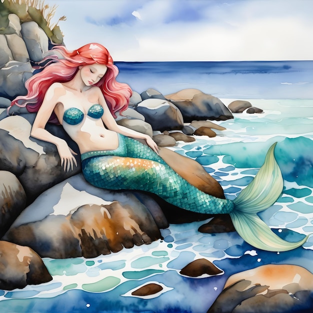 Photo discover the whimsical beauty of a mermaid lounging on a rocky shore