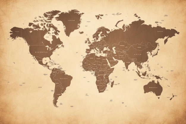 Photo discover the world on an old paper with this antique map perfect for explorers and researchers a sepiatoned map of the world ai generated