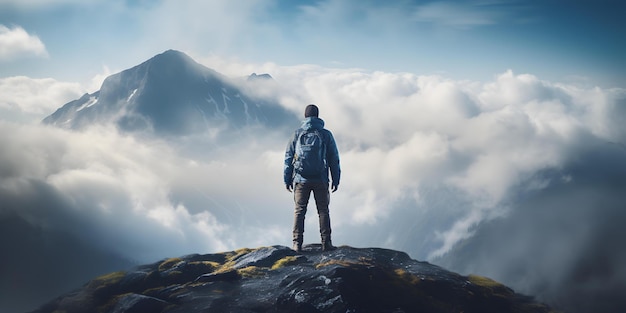 Photo discovering the self a lone figure on a mountain peak concept introspective moments selfreflection mountainscape views