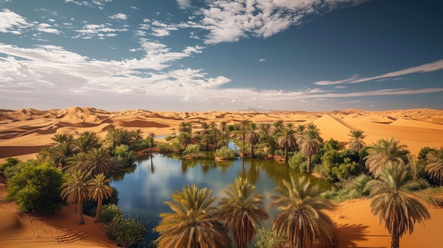 Foto la scoperta di un'oasi nel deserto dove la vegetazione lussureggiante incontra le aride sabbie