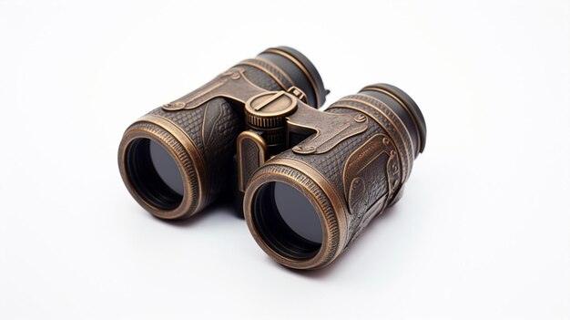 Photo discovery instrument binoculars glass spectator military spy lens isolated zoom metallic telescope black look background white object view surveillance optic