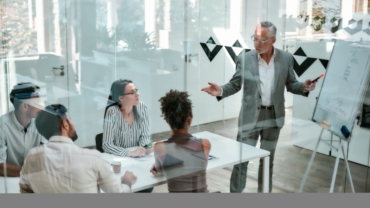 Photo discussing new project mature businessman standing near whiteboard and pointing it while his
