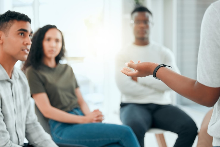 Photo discussion hands and group of people in counseling for mental health support share story or recovery therapy listen or rehabilitation for trauma addiction or meeting for wellness advice or help
