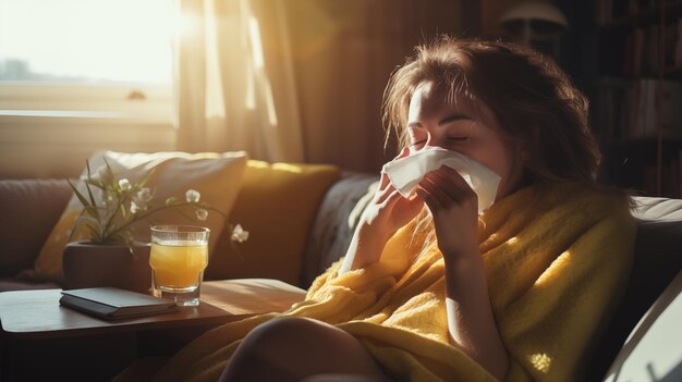 Photo diseased ill young woman blowing her nose with paper tissue handkerchief for allegy or cold virus