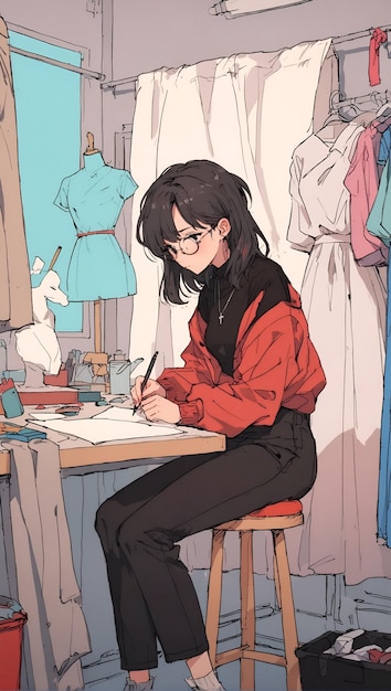 Disenador de moda anime elegante en su estudio