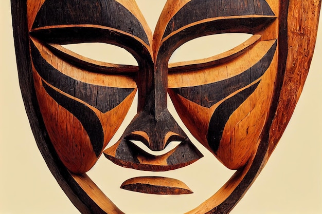 Disgruntled tiki mask of dark and light wood on beige background