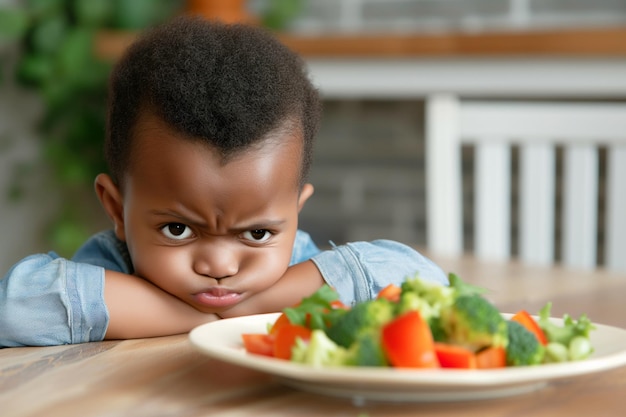 Disgusted expression as African American boy rejects healthy salad