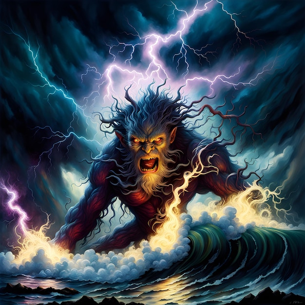 The disgusting lightning monster lurked in the depths of the dark luminescent sea its thin glowing