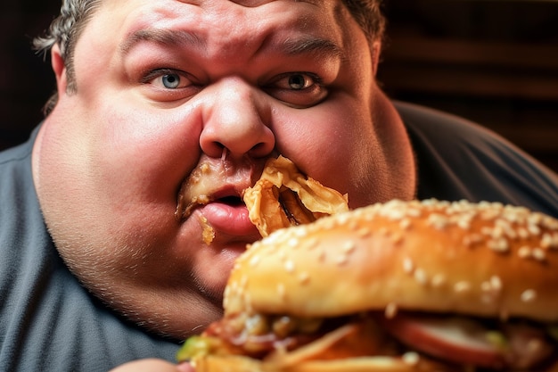 Disgusting portrait of a fat man during his breakfast