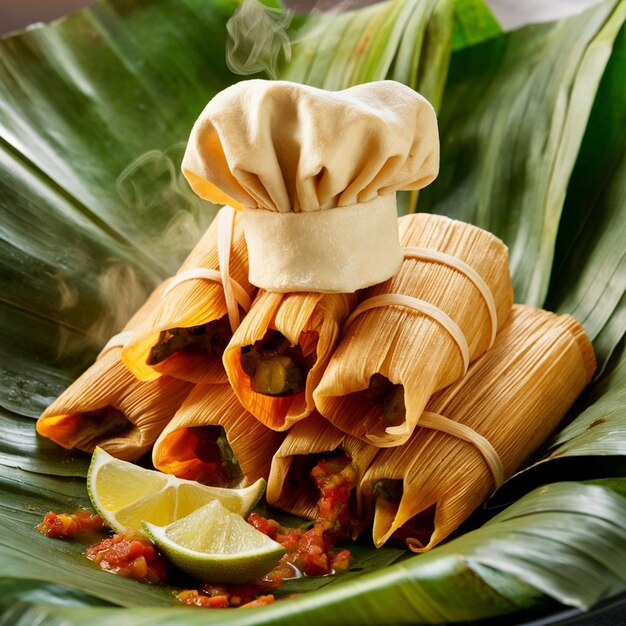a dish of banana leaves with a lemon wedge on the top