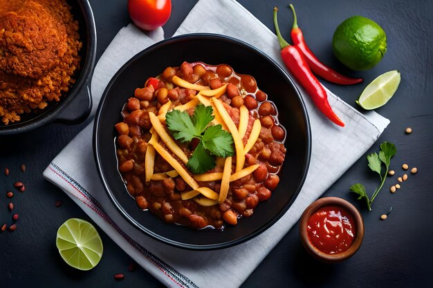 A dish of beans with a green leaf on top