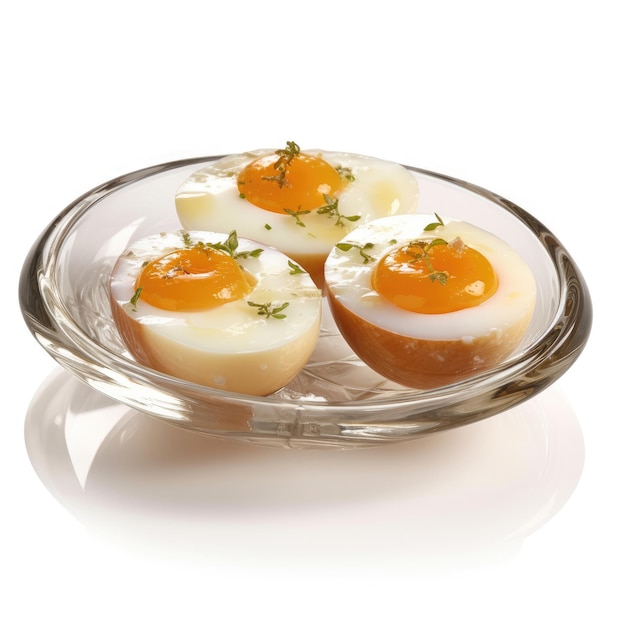 Блюдо из вареных яиц на белом фоне