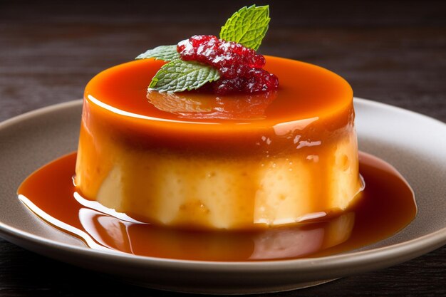 A dish of carrot cake with a green leaf on top