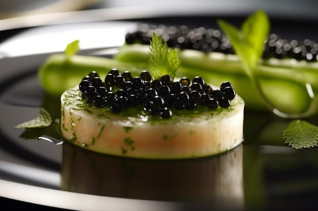 A dish of caviar with cucumber and cucumber on top