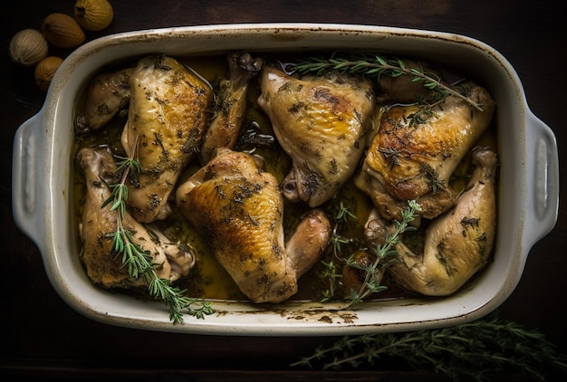 A dish of chicken with herbs on it