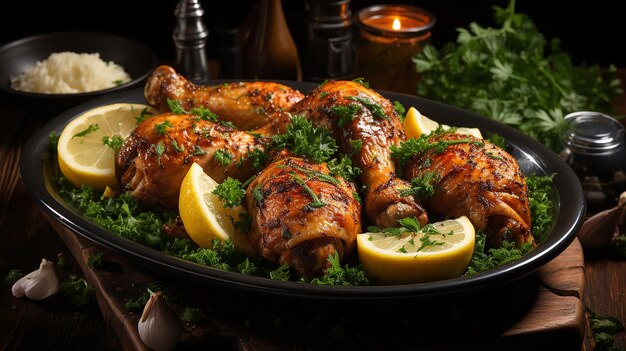 a dish of chicken with lemon and lemon slices on a table.