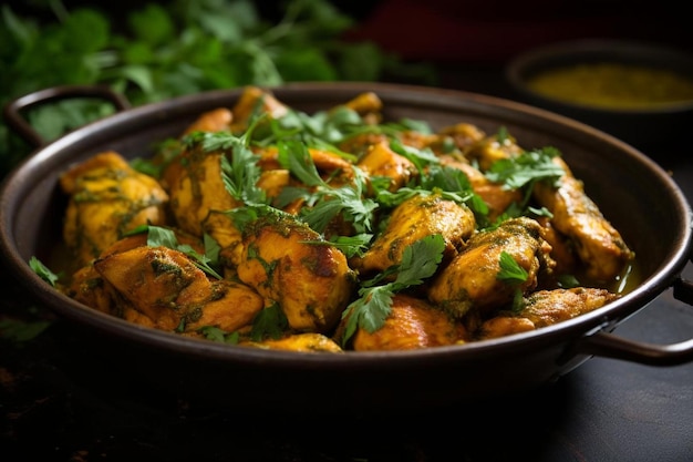 a dish of chicken with spinach and parsley.