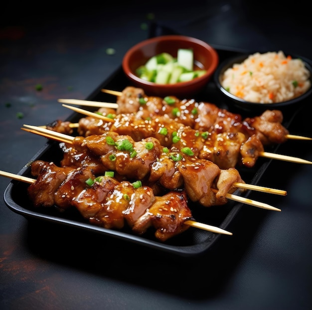 A dish of chicken yakitori kebabs on wooden skewers