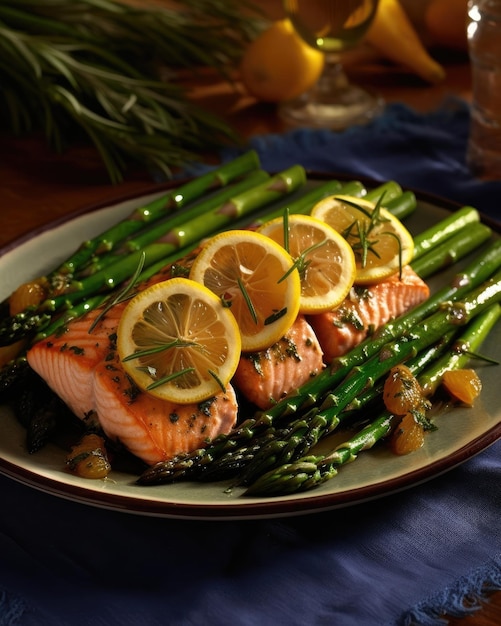 The dish comprises grilled salmon asparagus lemon and rosemary Generative AI