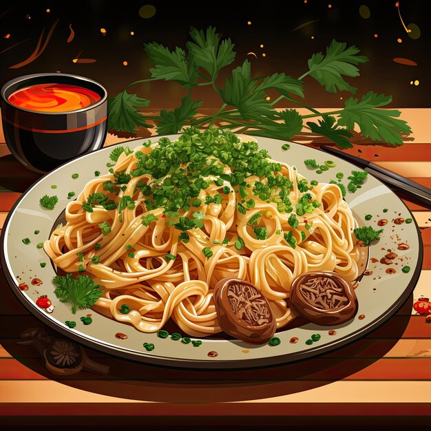 The dish consists of pasta mushroom sauce and parsley Generative AI