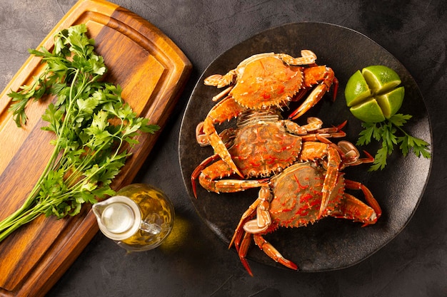 Dish of cooked crabs on the table.