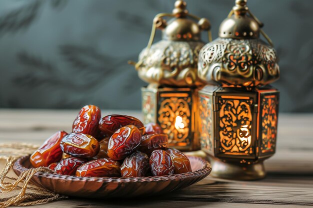 Photo a dish of dates and arabic lanterns iftar and sahur ramadan