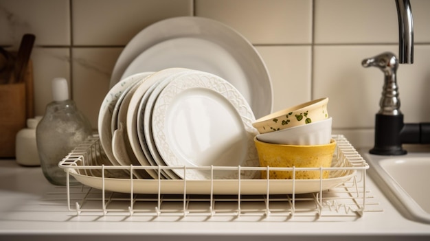 Стеллаж для сушки посуды с разными чистыми тарелками