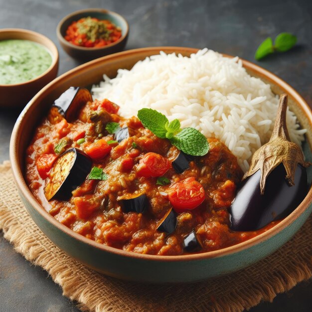 バスマティ米とミント・チャットニーで作られた茄子カレーの料理