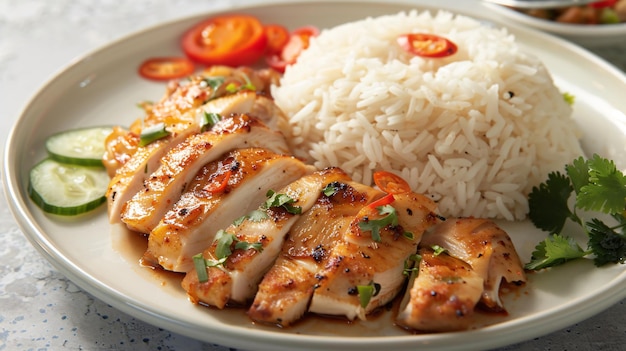 Photo a dish featuring tender chicken and fluffy rice arranged on a plate