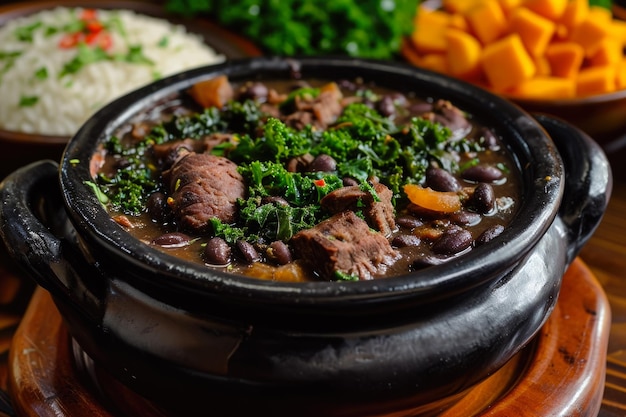 Photo dish of feijoada a brazilian black bean stew with pork beef sausage and other meats