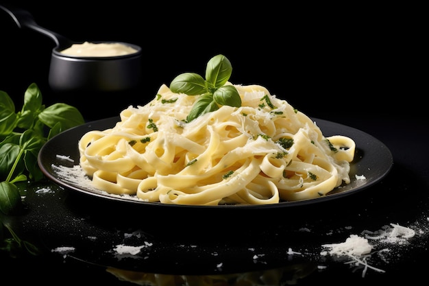 Dish of fettuccine alfredo with parmesan cheese