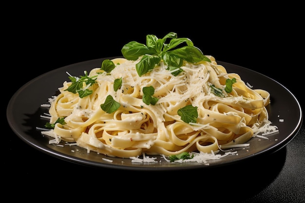 Dish of fettuccine alfredo with parmesan cheese