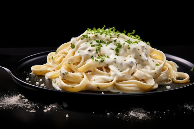 Dish of fettuccine alfredo with parmesan cheese