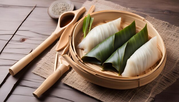 Photo a dish of food with bamboo sticks and a wooden spoon