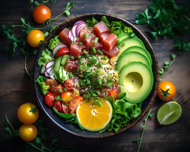 A dish of fresh tuna veggies and a bright and nutritious poke bowl Generative AI