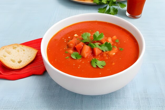 A dish full of gazpacho Andalusian soup on a table